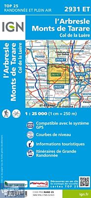 I.G.N - Carte au 1-25.000ème - Série bleue Top 25 - 2931ET - L'Abresle - Mont de Tarare - Col de la Luère