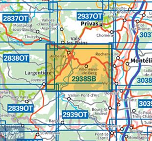I.G.N Carte au 1-25.000ème - Série bleue - 2938 SB Largentière - Aubenas - Villeneuve de Berg