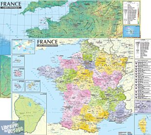 Express Map - Poster - Carte de France murale administrative et physique - Plastifiée (avec barres)