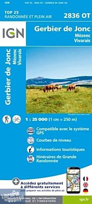 I.G.N. Carte au 1-25.000ème - TOP 25 - 2836OT - Gerbier de Jonc - Mézenc Vivarais