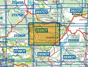 I.G.N - Carte au 1-25.000ème - TOP 25 - 2838OT - Largentière - la Bastide-Puylaurent - Vivarais Cévenol