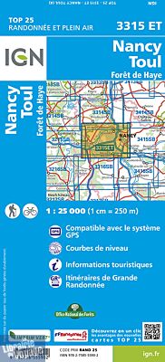 I.G.N - Carte au 1-25.000ème - TOP 25 - 3315 ET - Nancy - Toul - Forêt de Haye
