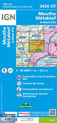 I.G.N - Carte au 1-25.000ème - TOP 25 - 3426 OT - Mouthe - Métabief - Le Mont d'or