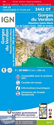 I.G.N - Carte au 1-25.000ème - TOP 25R - 3442 OTR -Gorges du Verdon - Moustiers - Lac de Sainte-Croix - PNR du Verdon - Résistante