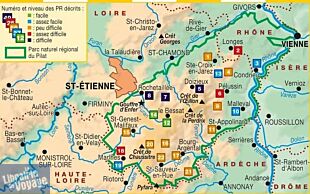22 promenades à travers le Parc Naturel Régional du Pilat, site naturel riche en contrastes.  A l’est, les coteaux viticoles aux ambiances méditerranéennes surplombent le Rhône et mille mètres plus haut s'étendent des espaces couverts de landes. A l'ouest