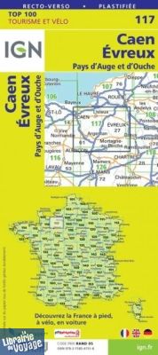 I.G.N - Carte au 1/100.000ème - TOP 100 - n°117 - Caen - Evreux - Pays d'Auge et d'Ouche