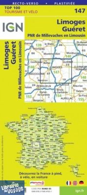 I.G.N - Carte au 1/100.000ème - TOP 100 - n°147 - Limoges - Guéret - PNR de Millevaches en Limousin