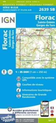 I.G.N. Carte au 1-25.000ème - Série bleue - 2639SB - Florac - Sainte Enimie - Gorges du Tarn