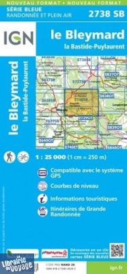 I.G.N. Carte au 1-25.000ème - Série bleue - 2738SB - Le Bleymard - la Bastide-Pulaurent