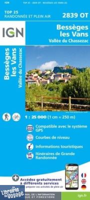 I.G.N. Carte au 1-25.000ème - TOP 25 - 2839OT - Bessèges - les Vans - Vallée du Chassezac