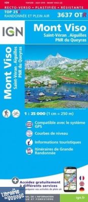 I.G.N - Carte au 1-25.000ème - TOP 25 - Carte résistante - 3637OTR - Mont Viso - Saint-Véran - Aiguilles - PNR du Queyras