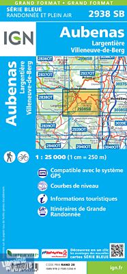 I.G.N Carte au 1-25.000ème - Série bleue - 2938 SB Largentière - Aubenas - Villeneuve de Berg