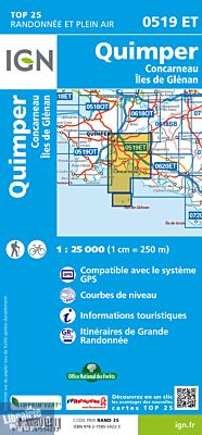 I.G.N Carte au 1-25.000ème - TOP 25 - 0519 ET - Quimper - Concarneau - Îles de Glénan