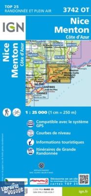 I.G.N Carte au 1-25.000ème - TOP 25 - 3742 OT - Nice - Menton - Côte d'Azur