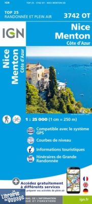 I.G.N Carte au 1-25.000ème - TOP 25 - 3742 OT - Nice - Menton - Côte d'Azur